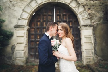 Mutlu düğün kaç sarılma ve birbirlerine arka plan eski kale üzerinde gülümseyen