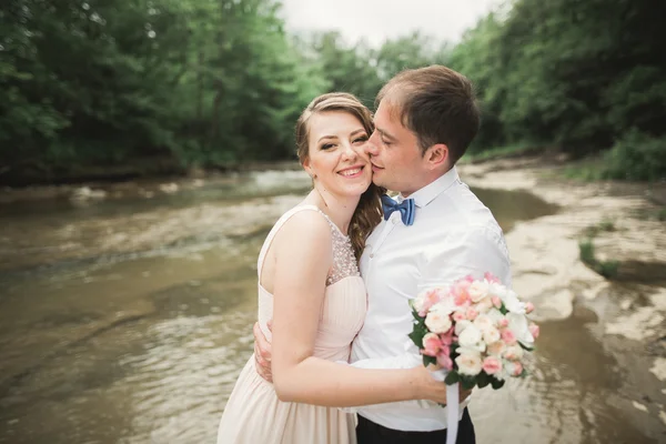 Elegante elegante novia morena feliz y magnífico novio en el fondo de una hermosa cascada en las montañas —  Fotos de Stock