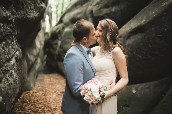 Wspaniały ślub para całowanie i przytulanie w lesie z duże skały — Zdjęcie stockowe