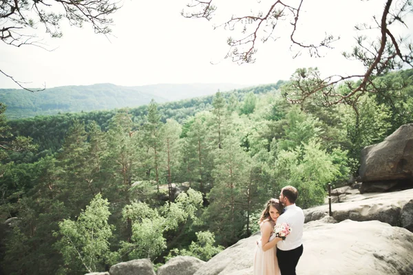 Великолепная невеста, поцелуи и объятия у скал с потрясающим видом — стоковое фото