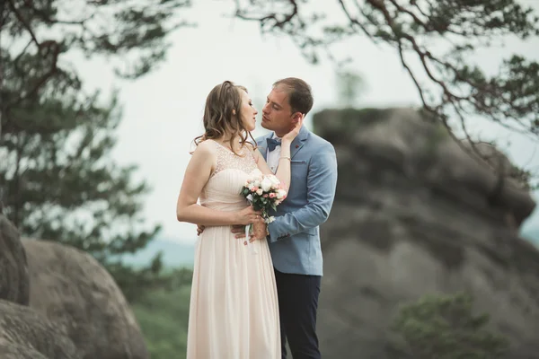 Linda noiva, noivo beijando e abraçando perto das falésias com vistas deslumbrantes — Fotografia de Stock