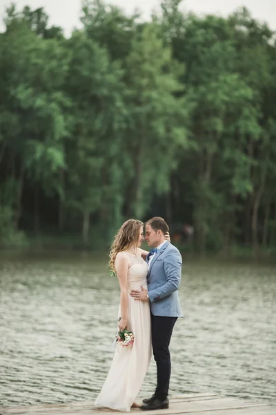 Zarif güzel düğün çifti bir göl kenarında günbatımında poz — Stok fotoğraf