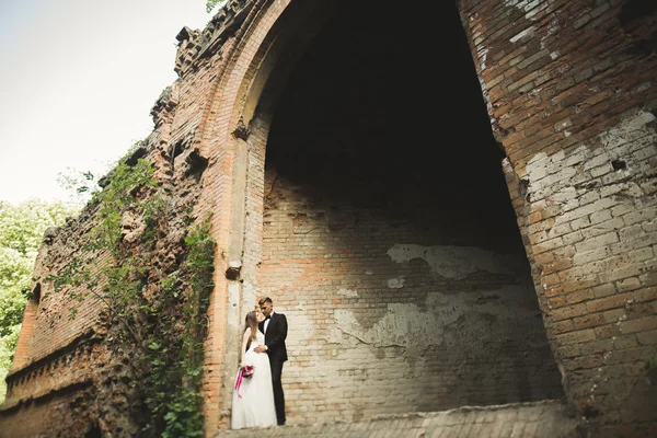 Solo pose sposate e baci con una vecchia fortezza sullo sfondo — Foto Stock