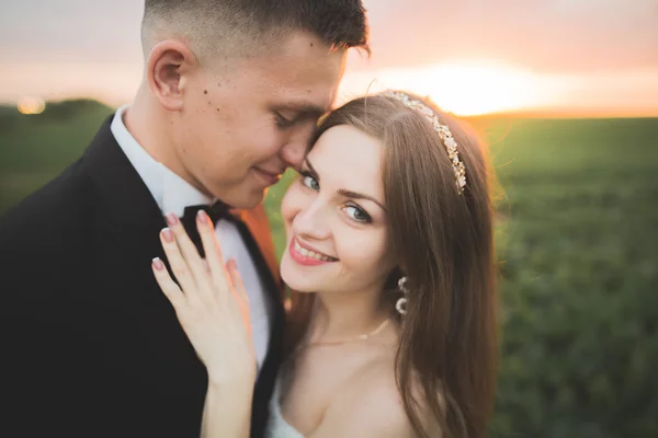 Bruiloft, mooie romantische bruid en bruidegom kussen omhelzen bij zonsondergang — Stockfoto