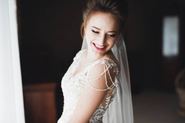 Tüylü, lüks makyaj, saç stili, stüdyo içi fotoğraf çekimi olan güzel bir gelin.