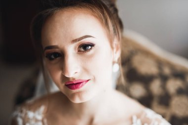 Tüylü, lüks makyaj, saç stili, stüdyo içi fotoğraf çekimi olan güzel bir gelin.