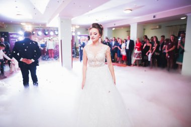 Güzel bir düğün çifti yeni evlendi ve ilk danslarını ediyorlar.