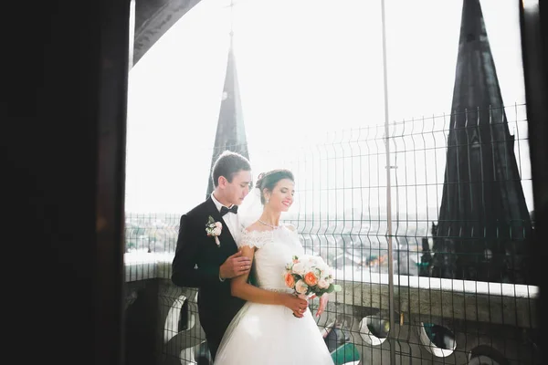 Casal bonito elegante beijando e abraçando no fundo vista panorâmica da cidade velha — Fotografia de Stock