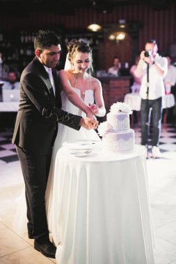 Gelin ve damat düğün pastasını kesiyor.