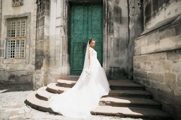 Hermosa novia de moda en vestido de novia posando —  Fotos de Stock