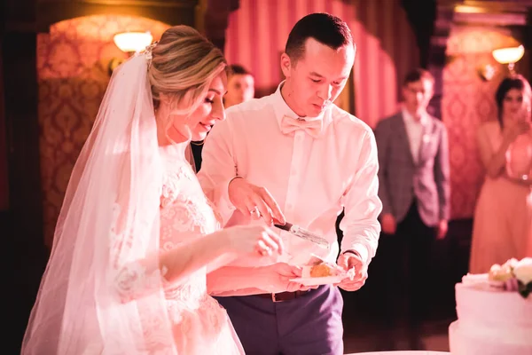 Novia y novio en la boda de corte de la torta de boda — Foto de Stock