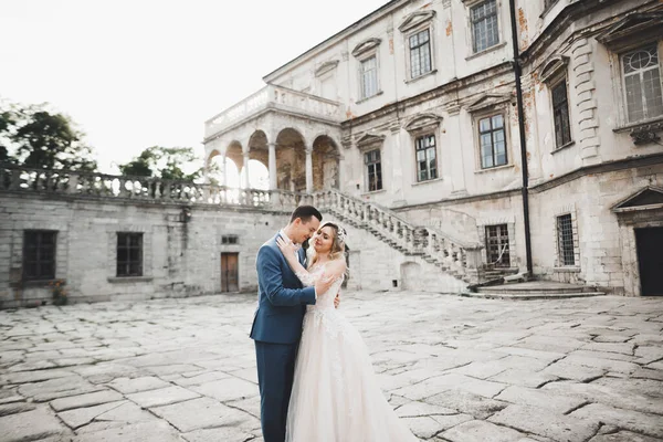 Romantik düğün anı, yeni evli çiftin gülümseyen portresi, gelin ve damadın kucaklaşması — Stok fotoğraf