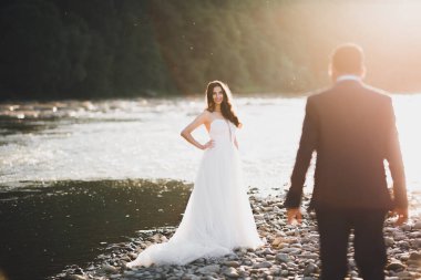 Zarif, şık, mutlu, sarışın gelin ve dağlardaki güzel bir nehrin arka planında harika bir damat.
