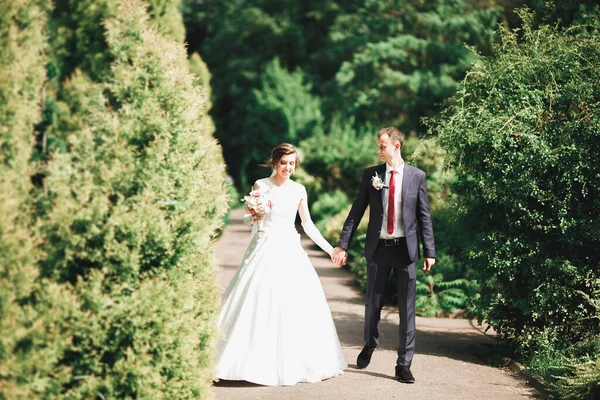 Stylový pár šťastných novomanželů procházky v parku na jejich svatební den s kyticí — Stock fotografie