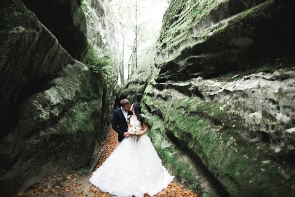 Boda pareja enamorada besándose y abrazándose cerca de rocas en hermoso paisaje —  Fotos de Stock