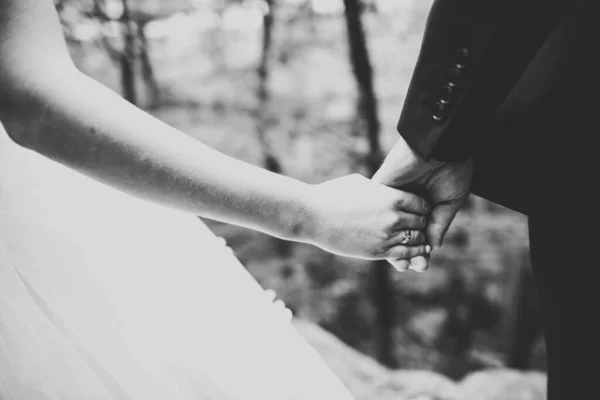 Düğün günü el ele tutuşan çift, damat ve gelin. — Stok fotoğraf