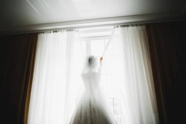 Portrait de beauté de mariée portant robe de mariée de mode avec plumes avec luxe délice maquillage et coiffure — Photo