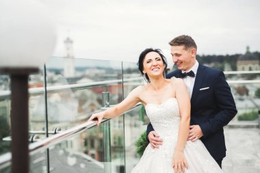 Romantik düğün anı, yeni evli çiftin gülümseyen portresi, gelin ve damadın kucaklaşması