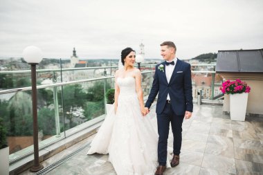 Düğün günü el ele tutuşan çift, damat ve gelin.