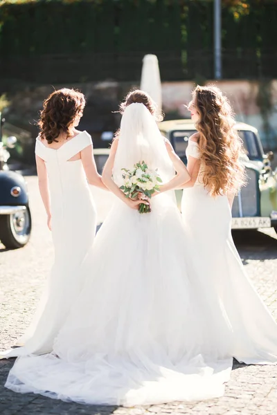 Novia con damas de honor celebrando maravilloso ramo de boda de lujo de diferentes flores en el día de la boda — Foto de Stock