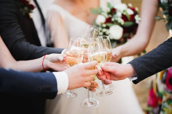 Feest met vrienden. Groep vrolijke jongeren met sterretjes en champagnefluiten — Stockfoto