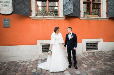 Düğün günü el ele tutuşan çift, damat ve gelin.