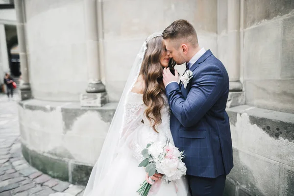 Romantic wedding moment, couple of newlyweds smiling portrait, bride and groom hugging — Stock Photo, Image