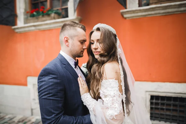 Romantischer Hochzeitsmoment, Brautpaar lächelt Porträt, Braut und Bräutigam umarmen sich — Stockfoto