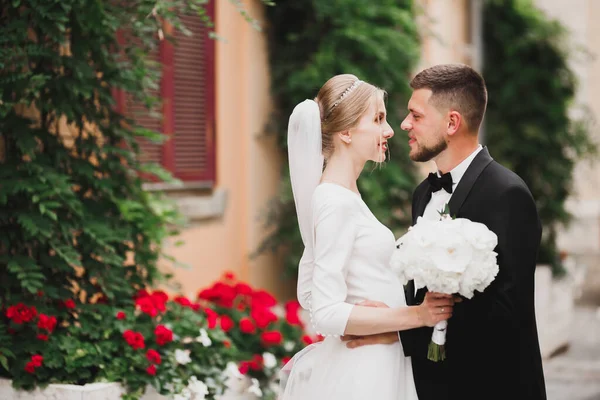 Lindo casal feliz de pé perto um do outro e olhando nos olhos — Fotografia de Stock