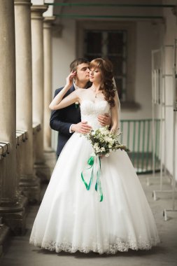 Lüks evli çift, gelin ve damat eski şehirde poz veriyor.