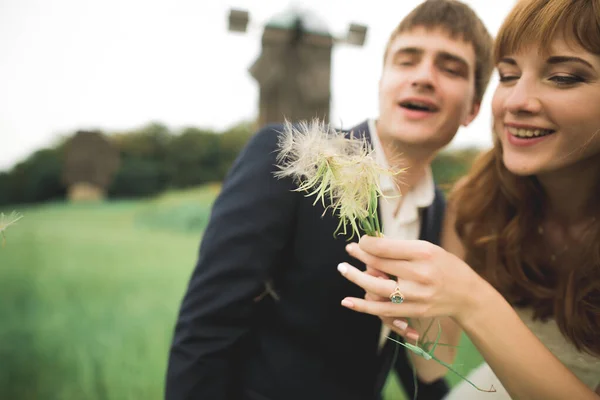 Эмоциональная красивая невеста обнимает молодоженов на поле крупным планом — стоковое фото