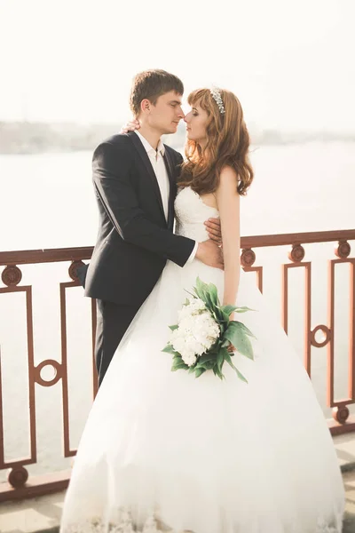 Giovane coppia di nozze, bella sposa con ritratto di sposo sul ponte, natura estiva all'aperto — Foto Stock