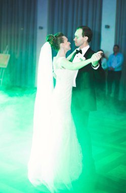 Güzel beyaz bir çift yeni evlendiler ve ilk danslarını ediyorlar.