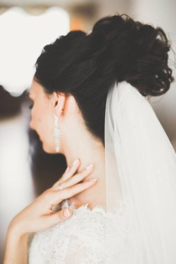 Cüppeli muhteşem gelin bir odada düğün töreni için poz veriyor ve hazırlanıyor.