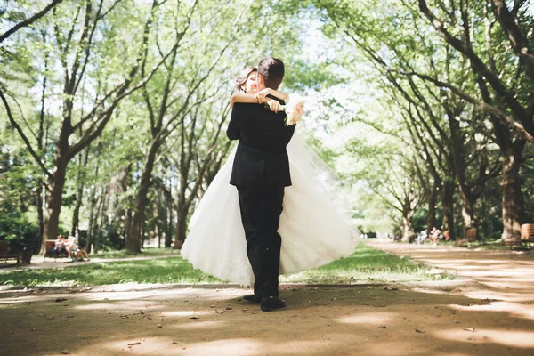 Casal de casamento feliz noivo encantador e noiva perfeita posando no parque — Fotografia de Stock