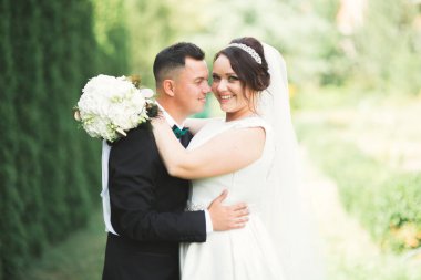 Mükemmel bir çift gelin ve damat düğün günlerinde poz verip öpüşürler.