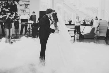 Güzel beyaz bir çift yeni evlendiler ve ilk danslarını ediyorlar.