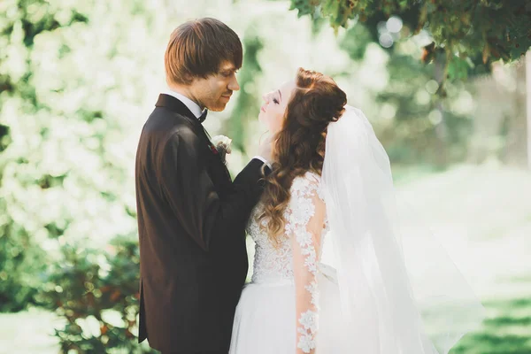 Couple élégant de jeunes mariés heureux marchant dans le parc le jour de leur mariage avec bouquet — Photo