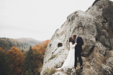 Güzel dağlarda poz veren mutlu bir düğün çifti.