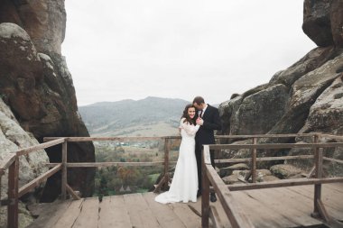 Güzel dağlarda poz veren mutlu bir düğün çifti.