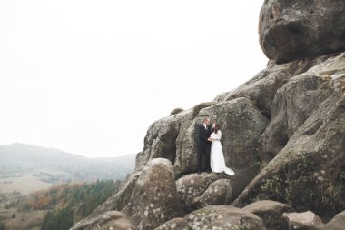 Güzel dağlarda poz veren mutlu bir düğün çifti.