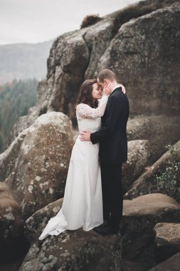 Güzel dağlarda poz veren mutlu bir düğün çifti.