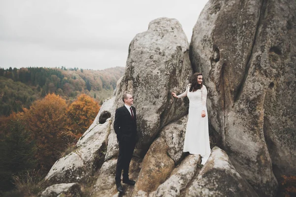 Joyeux couple de mariage posant sur un beau paysage dans les montagnes — Photo