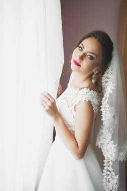 Cüppeli muhteşem gelin bir odada düğün töreni için poz veriyor ve hazırlanıyor.