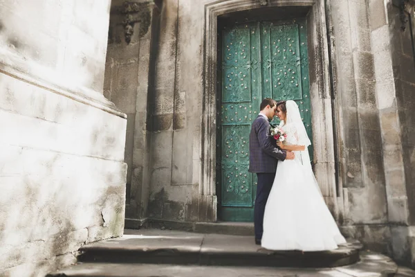 Muhteşem bir düğün çifti eski Lviv şehrinde yürüyor.