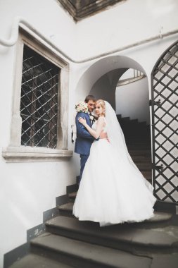 Mükemmel bir çift gelin ve damat düğün günlerinde poz verip öpüşürler.