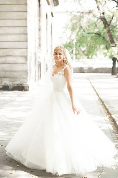 Schöne Braut dreht mit perfektem Kleid im Park — Stockfoto