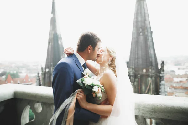 Pareja perfecta novia, novio posando y besándose en el día de su boda — Foto de Stock