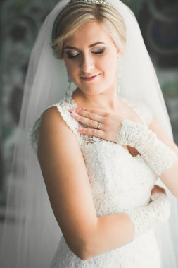 Düğün sabahı peçeli güzel bir gelin portresi.