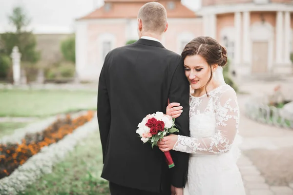 Beautiful romantic wedding couple of newlyweds hugging near old castle — Stock Photo, Image